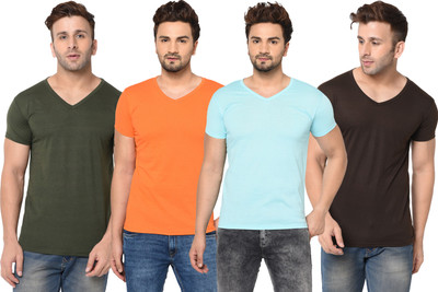 Jangoboy Solid Men V Neck Multicolor T-Shirt