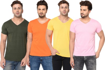 Tivy Solid Men V Neck Green, Pink, Orange, Yellow T-Shirt