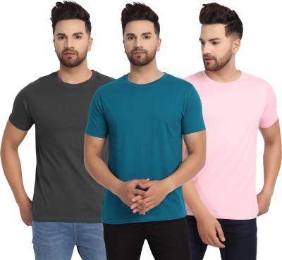 ESPARTO Solid Men Round Neck Dark Blue, Pink, Grey T-Shirt