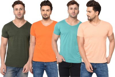 Adorbs Solid Men V Neck Green, Orange T-Shirt