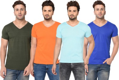 Tivy Solid Men V Neck Light Blue, Green, Blue, Orange T-Shirt