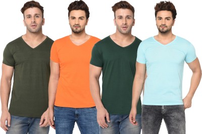 Tivy Solid Men V Neck Dark Green, Light Blue, Orange T-Shirt