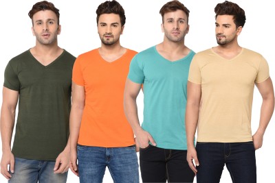 Tivy Solid Men V Neck Green, Orange, Beige T-Shirt