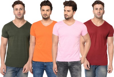 Tivy Solid Men V Neck Green, Maroon, Pink, Orange T-Shirt