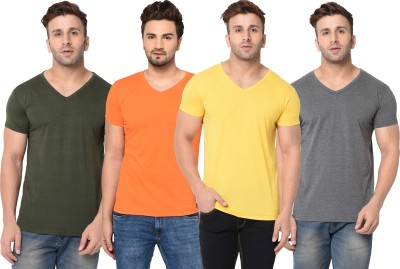 Tivy Solid Men V Neck Green, Orange, Grey, Yellow T-Shirt