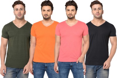 Jangoboy Solid Men V Neck Green, Pink, Black, Orange T-Shirt