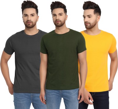 ESPARTO Solid Men Round Neck Dark Green, Grey, Yellow T-Shirt