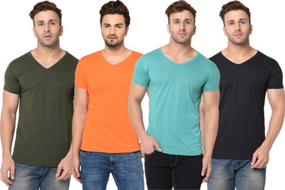 Tivy Solid Men V Neck Green, Black, Orange T-Shirt