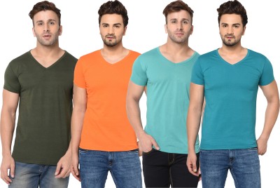 Adorbs Solid Men V Neck Light Blue, Dark Green, Orange T-Shirt