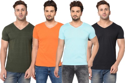 Tivy Solid Men V Neck Light Blue, Green, Black, Orange T-Shirt
