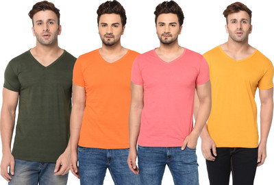 Jangoboy Solid Men V Neck Green, Pink, Orange, Yellow T-Shirt