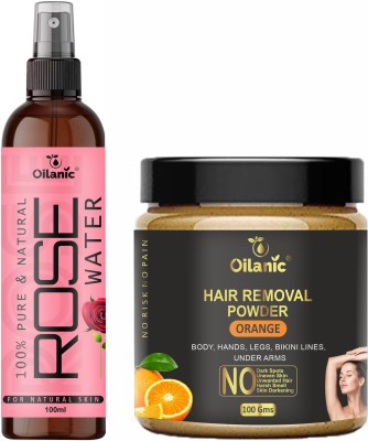 Oilanic Premium Rose Water(100 ml) & Hair Removal Powder Orange fragrance(100 gms) Combo Pack of 2 products(200 gms) Spray(200 ml)