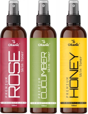 Oilanic Premium Rose, Cucumber & Honey Face Toner Combo Pack of 3 100 ml (300 ml ) Men & Women(300 ml)