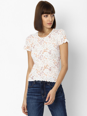 American Eagle Outfitters Casual Floral Print Women Beige Top