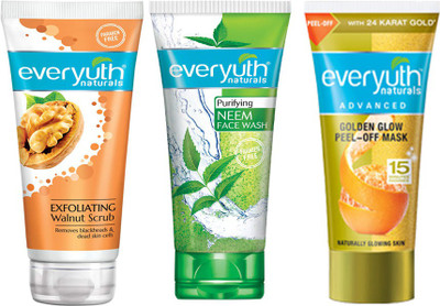 Everyuth Naturals Exfoliating Walnut Scrub 50g + Purifying Neem Face Wash 50g + Golden Glow Peel-Off Mask 50g(3 Items in the set)