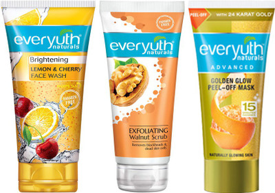 Everyuth Naturals Brighening Lemon & Cherry Face Wash 50g + Exfoliating Walnut Scrub 50g + Golden Glow Peel-Off Mask 50g(3 Items in the set) Everyuth Naturals Brighening Lemon & Cherry Face Wash 50g + Exfoliating Walnut Scrub 50g + Golden Glow Peel-Off Mask 50g(3 Items in the set)
