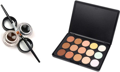 MYEONG 15 COLOR MATTE FINISH LONG LASTING CONCEALER PALETTE WITH 24H GEL EYE LINER BROWN & BLACK COMBO KIT(2 Items in the set)