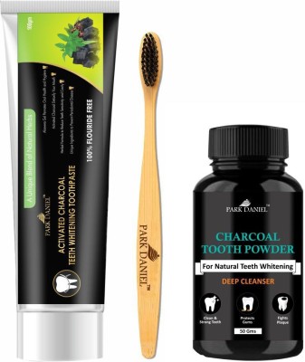 PARK DANIEL Natural Bamboo Wooden ECO Friendly Charcoal Toothbrush with Soft Medium Bristles(01 Pc.) &Activated Charcoal Teeth Whitening Toothpaste (100gm) & Activated Charcoal Tooth Powder 50gms(3 Items in the set)