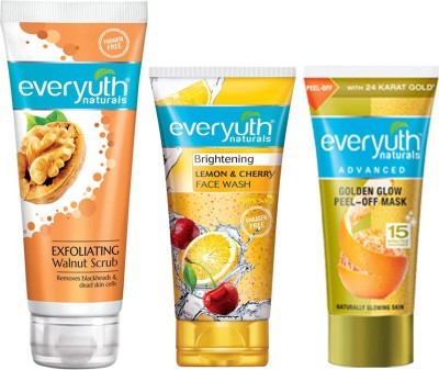 Everyuth Naturals Exfoliating Walnut Scrub 100g + Brighening Lemon & Cherry Face Wash 50g + Golden Glow Peel-Off Mask 50g(3 Items in the set)