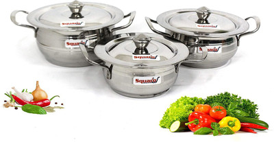 SQUARO ONLINE STORE Stainless Steel 3 Pcs Handi Set Induction & Gas Stove Friendly Cook and Serve Handi Set Set with Lids ( Set Of 3 Pcs.) Induction Bottom Non-Stick Coated Cookware Set(Stainless Steel, 1 - Piece)