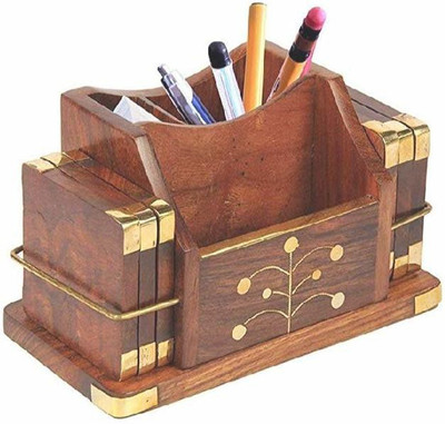 LyqArt 3 Compartments Wooden Wooden Desk Organizer, Pen Stand/Pencil Stand | Business Card Holder | Mobile Stand Holder | Office Desk Accessories Holder, Pen Stands for Office School Use with Tea Coaster(Brown)