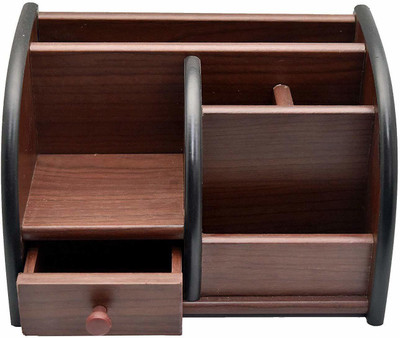 LyqArt 5 Compartments Wooden Wooden Pen Stand with Drawer | Mobile Stand | Visiting card Holder | Remote Stand for Office Desk | Business Card Holder Box | Stationery Stand for Office and Students use - Mobile Holder for Desk(Brown)