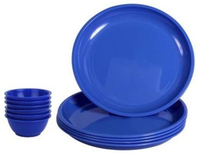 Everbuy Pack of 12 Plastic Microwave Safe Stain Resistant Deep Round Plastic Full Size Dinner Plates and Bowl Set For Home and Restaurant , Plate Diameter: 11 Inch and Bowl Capacity:250 ml (6 Plates and 6 Bowls) Navy Blue Dinner Set(Microwave Safe)