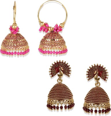 Anika's Creation Traditional Meenakari Designed Round shaped Jhumka Earring - Combo of 9 Pearl Brass Earring Set