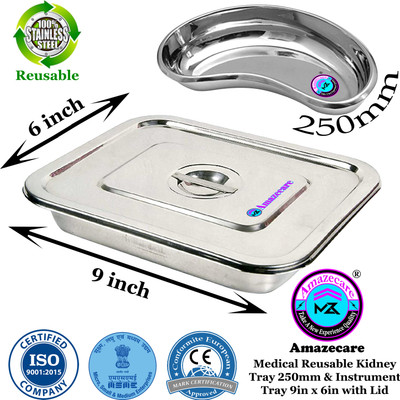 AMAZECARE Stainless Steel Medical Reusable Instrument Tray (9'' X 6'') inch with lid & Kidney Tray 250mm (10” inch) Reusable Medical Tray