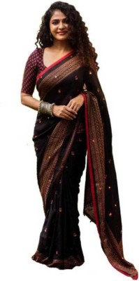 achira tex Printed, Embroidered, Embellished, Polka Print, Solid/Plain Bollywood Cotton Blend, Cotton Jute Saree(Black)