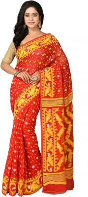 crochetin Woven Jamdani Cotton Blend Saree(Red)