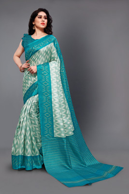 Mirchi Fashion Printed Ikkat Khadi Silk, Art Silk Saree(Light Blue) Flipkart