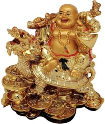 DLM FENG SHUI LAUGHING BUDDHA sitting on dragon of money and coins 8 cm Decorative Showpiece  -  8 cm(Gold Plated, Gold)