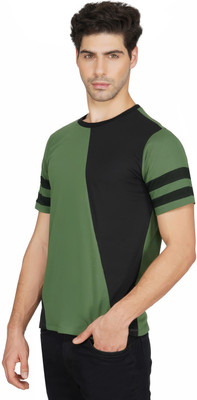 MontVitton Colorblock Men Round Neck Dark Green, Black T-Shirt