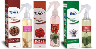 TOBY ROSE, RAJNIGANDHA, SANDAL Spray SANDAL, ROSE,RAJNIGANDHA AIR FRESHNER SPRAY FOR ROOM CAR HOTEL(3 x 250 ml)