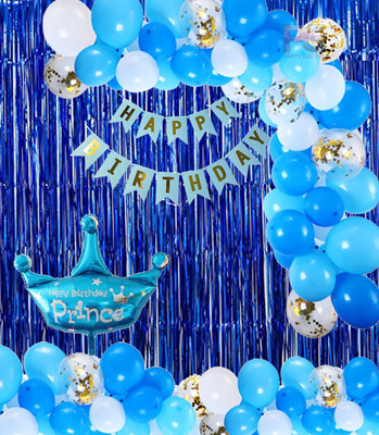 PARTY GLITERS Solid Blue themed Birthday Decoration kit With Confitte Balloon, Mettalic Balloon, Foil Prince crown, HBD Blue banner Blue Foil Curtains & Balloon(Blue, White, Pack of 51)