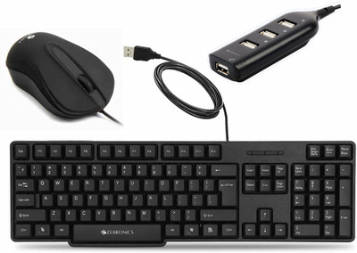ZEBRONICS Zeb-K20 Keyboard, ZEB-WING Wired Optical Mouse and ZEB-90HB USB Hub Combo Set