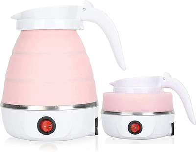 Shop4Ever Travel Foldable Fast Boiling Portable Electric Kettle - Silicone Food Grade Boil Dry Protection 220V -600ML for Travel and Home & Office Use (White/Pink/Blue) Electric Kettle(0.6 L, Pink)