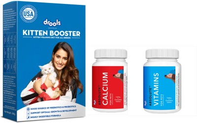 Drools Kitten Booster - Kitten Weaning Diet for All Breeds, 300g , Drools Absolute Vitamin Tablet- Dog Supplement, 110 Pcs AND Drools Absolute Calcium Tablet- Dog Supplement, 110 Pieces Vegetable 1 kg Wet Young, New Born, Adult Cat Food