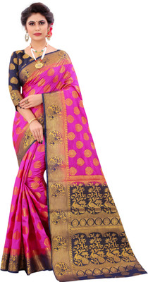Shopwell Woven Bollywood Cotton Silk Saree(Blue, Pink)
