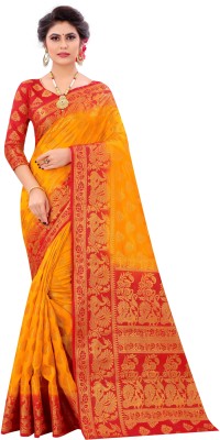 PICKWELL Self Design Banarasi Cotton Silk Saree(Red, Orange)