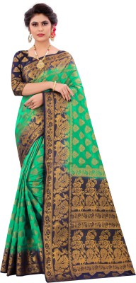 DILSAY Woven Banarasi Cotton Silk Saree(Green, Blue)