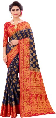 INDI FASHION Woven Banarasi Cotton Silk Saree(Dark Blue)