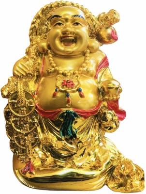 DLM 14 cm FENG SHUI LAUGHING BUDDHA standing on money bag potli for good wealth 14 cm Decorative Showpiece  -  14 cm(Polyresin, Gold)