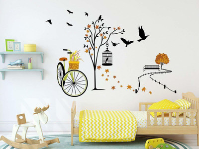 Asmi Collections 135 cm Beautiful Tree Cycle and Birds in Autumn Wall sticker Self Adhesive Sticker(Pack of 1)