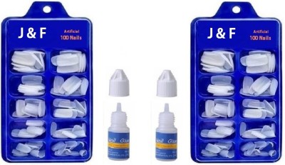 J & F Best Quality Artificial Empress Curve 200 Tips Fake Nails With 2 Glue Bottles White(Pack of 200)