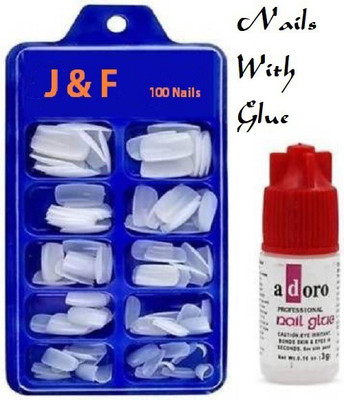 J & F Best Qualitu Artificial Empress Curve 100 Tips Fake Nails With Glue Bottle White(Pack of 100)