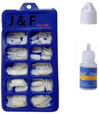 J & F Arificial Arylic Fake Nails 100 With Glue Bottle White(Pack of 100)