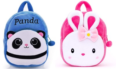 WooCute Fabric and Velvet Children Toddler Preschool Cartoon Backpack for Kids School/Nursery/Picnic/Carry/Travelling/Lunch Aaloo Panda and Rabbit Bag School Bag(Pink, Blue, 10 L)