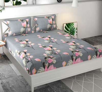 igi 144 TC Microfiber Queen Printed Fitted (Elastic) Bedsheet(Pack of 1, Grey)